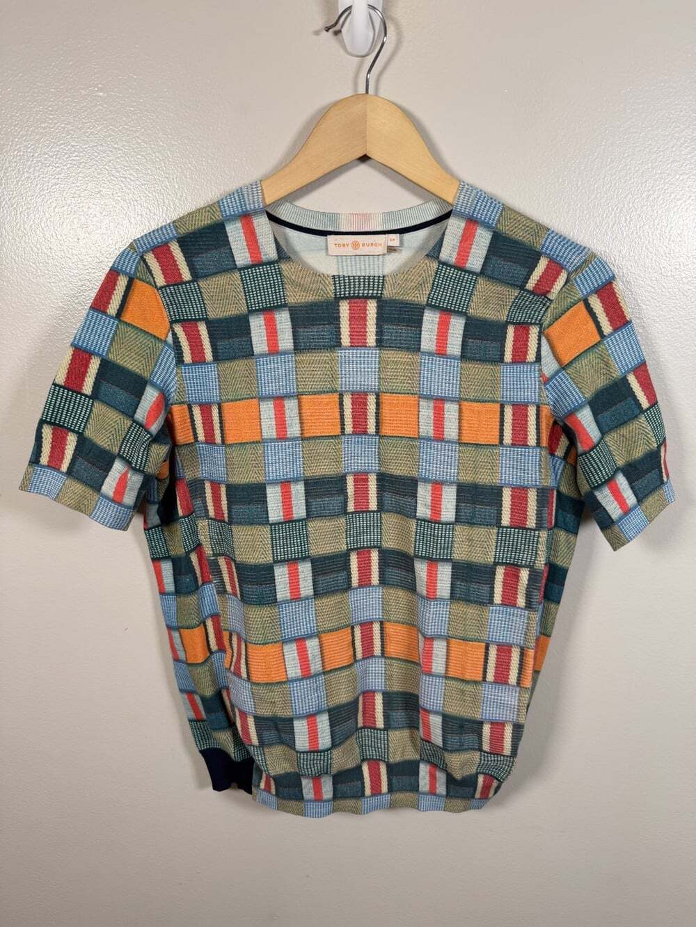 Tory Burch Short Sleeve Sweater Size Small Plaid Print Crew Neck Knit Top Preppy